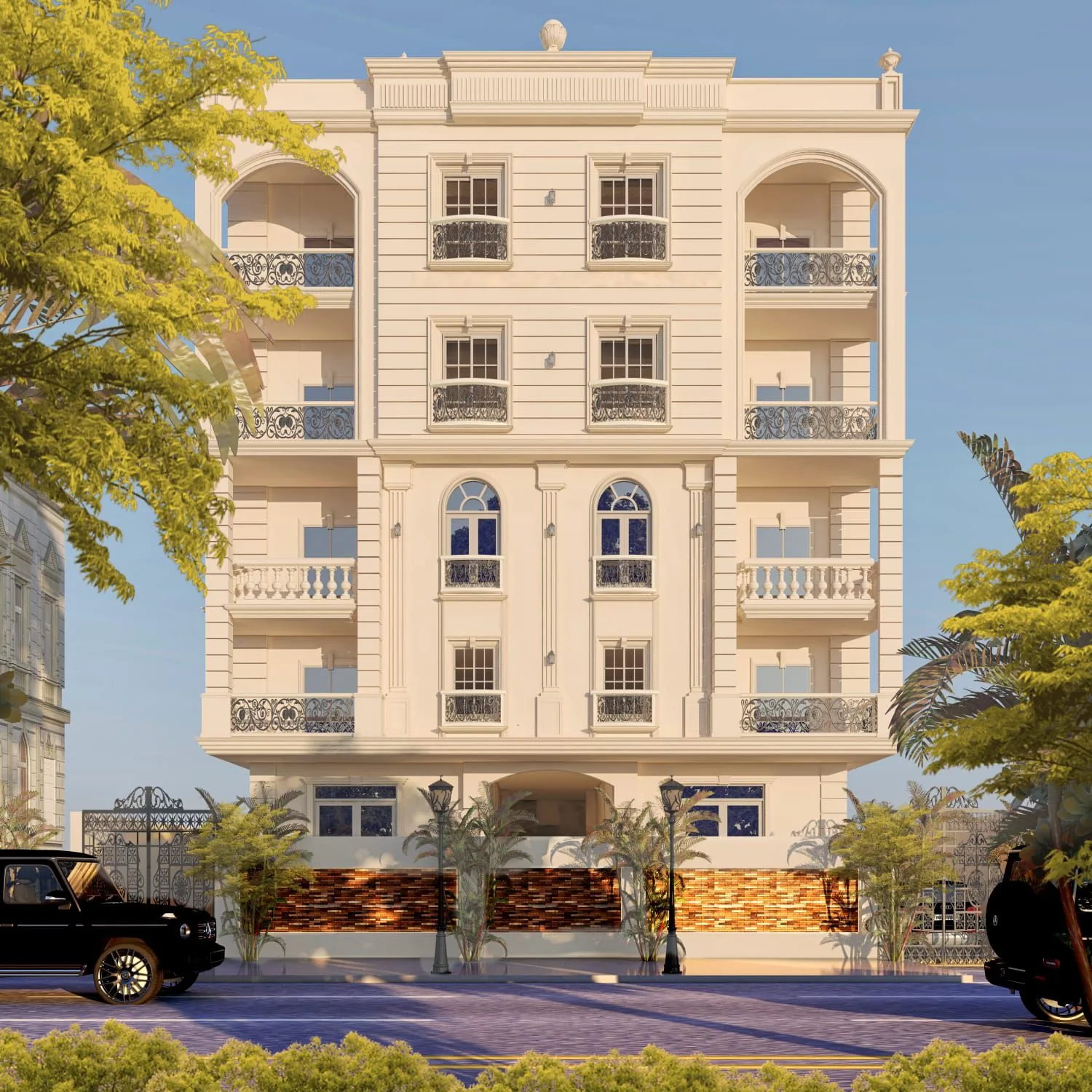 واجهة نهارية لعمارة سكنية بتفاصيل كلاسيكية