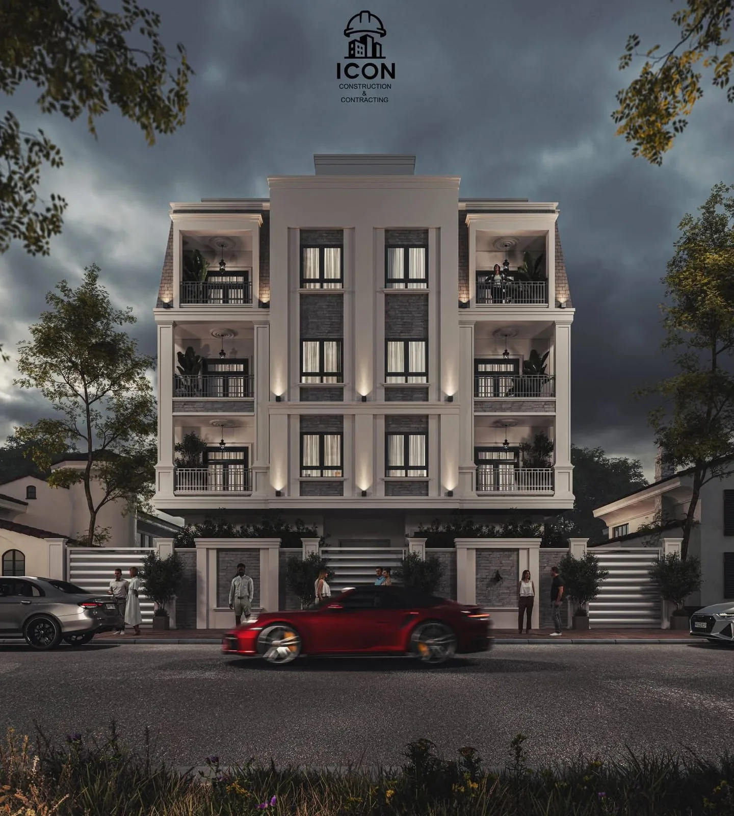 واجهة عمارة سكنية من تصميم ICON Office بإضاءة ليلية